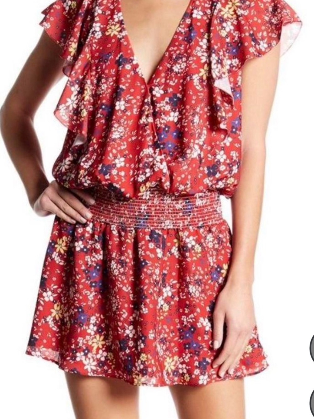 Parker Red Floral Ruffle-Sleeve Casual Dress